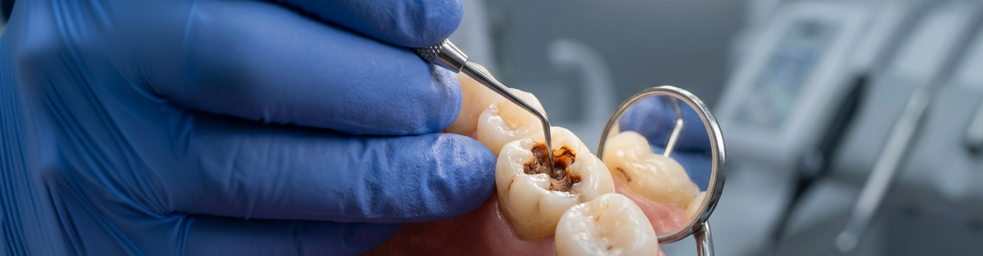 Close-up of a decayed molar being examined with a dental probe and mirror during a dental procedure.